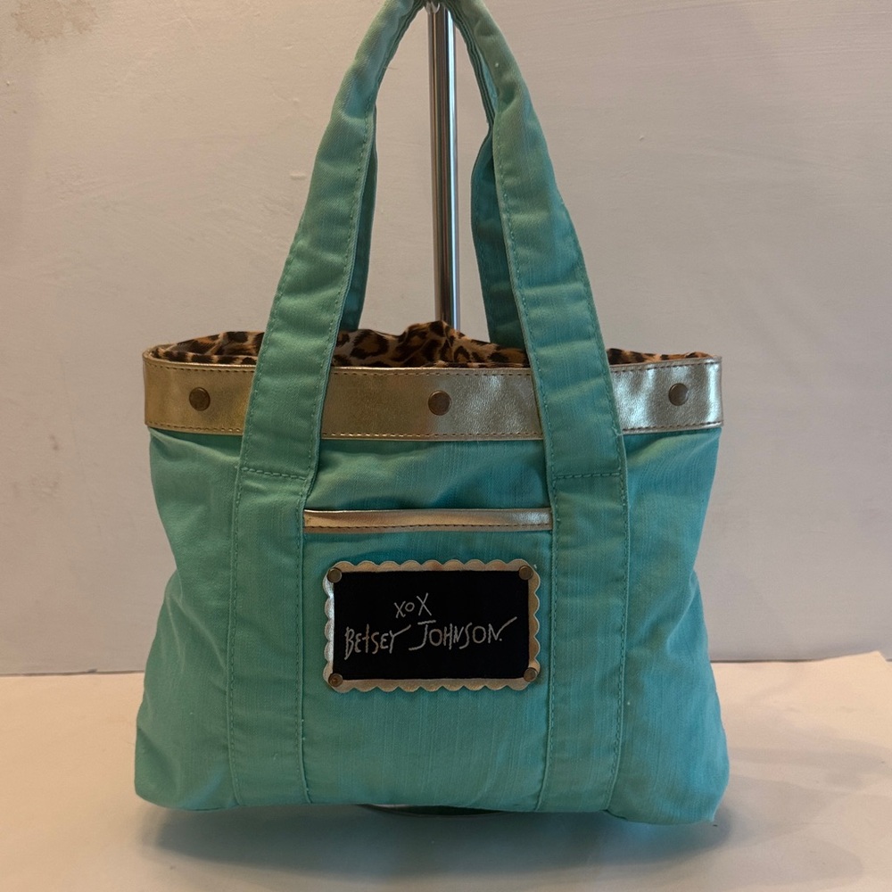 Betsey Johnson bag turquoise leopard print interior gold tone trim small tote
